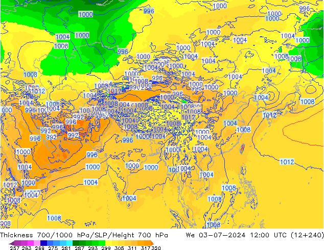 Espesor 700-1000 hPa ECMWF mié 03.07.2024 12 UTC