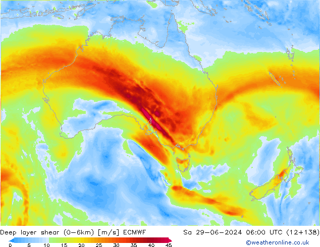 Deep layer shear (0-6km) ECMWF Sa 29.06.2024 06 UTC