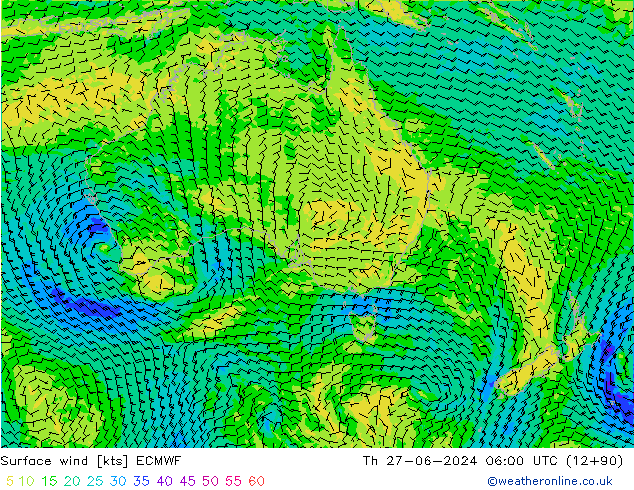 Vento 10 m ECMWF Qui 27.06.2024 06 UTC