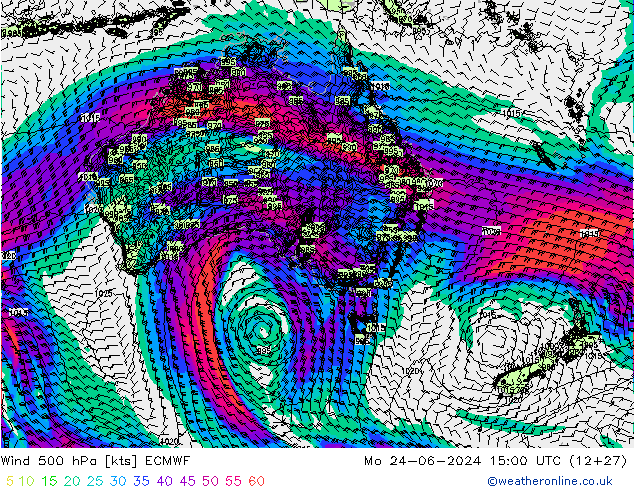 Viento 500 hPa ECMWF lun 24.06.2024 15 UTC