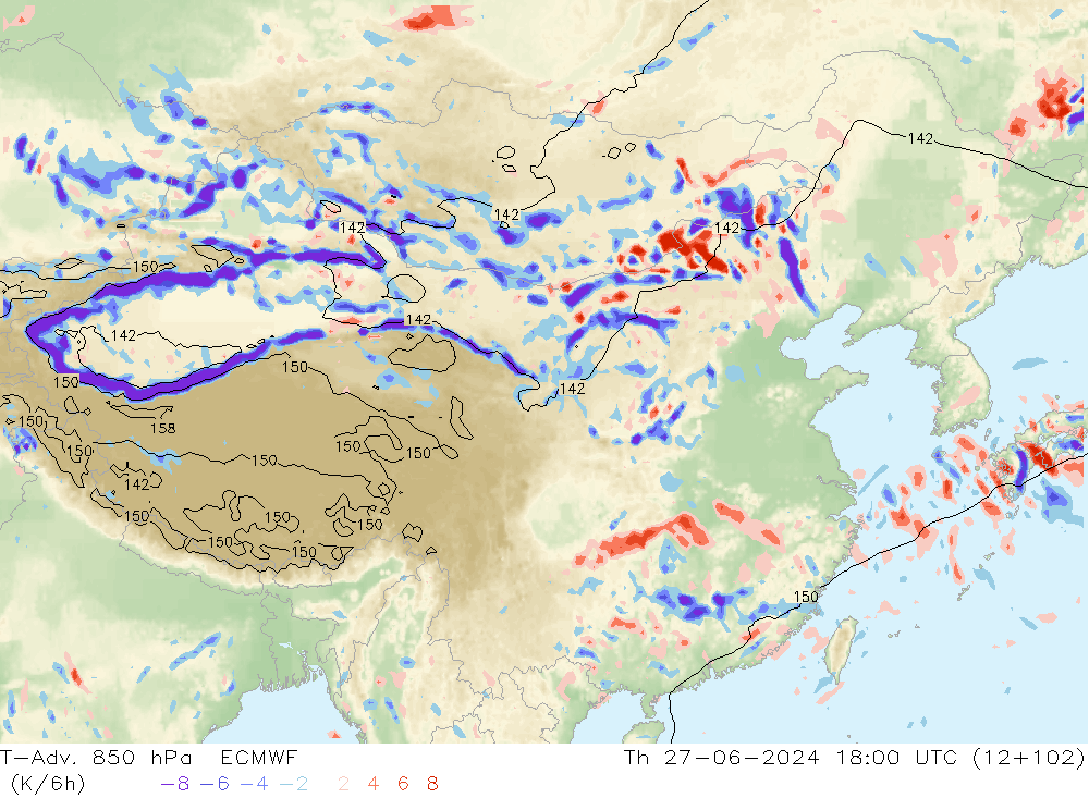 T-Adv. 850 hPa ECMWF 星期四 27.06.2024 18 UTC