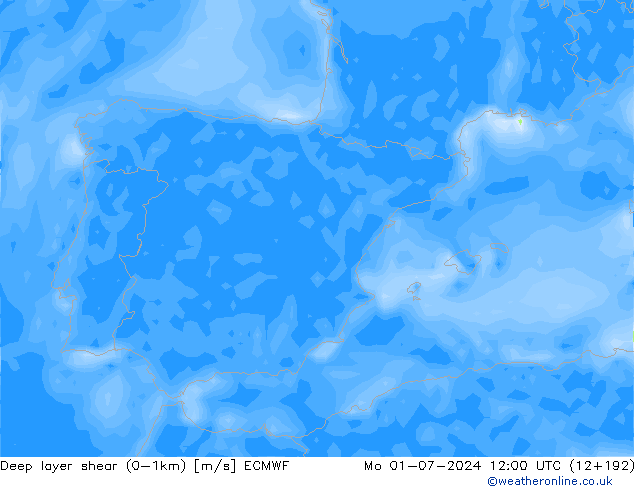 Deep layer shear (0-1km) ECMWF pon. 01.07.2024 12 UTC