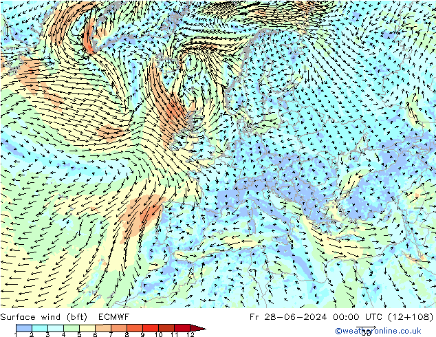 Vento 10 m (bft) ECMWF ven 28.06.2024 00 UTC