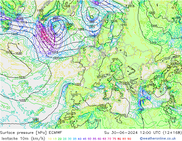 Isotachs (kph) ECMWF Вс 30.06.2024 12 UTC