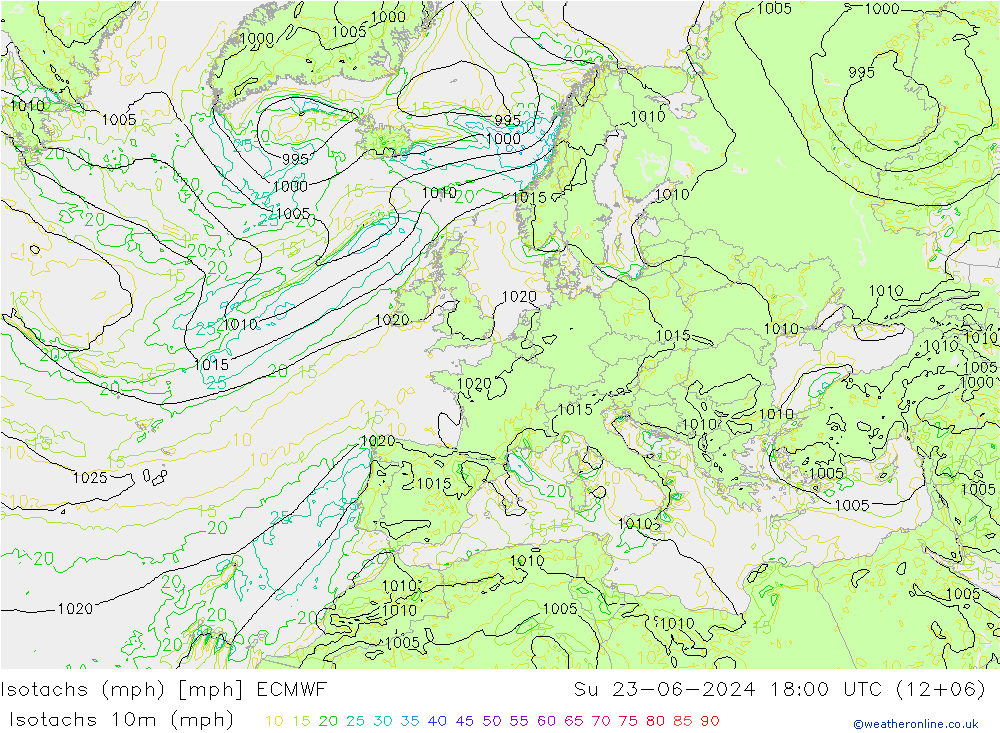 Isotachs (mph) ECMWF Вс 23.06.2024 18 UTC