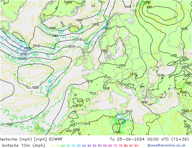 Isotachs (mph) ECMWF Tu 25.06.2024 00 UTC