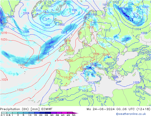 Z500/Rain (+SLP)/Z850 ECMWF lun 24.06.2024 06 UTC