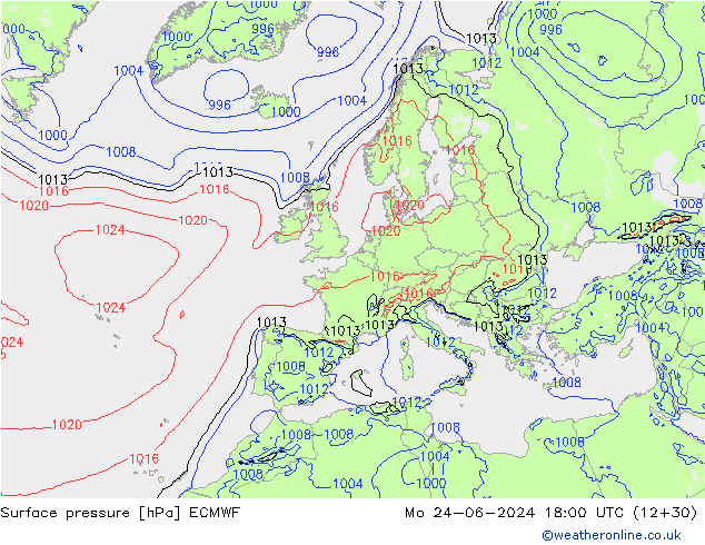 pressão do solo ECMWF Seg 24.06.2024 18 UTC