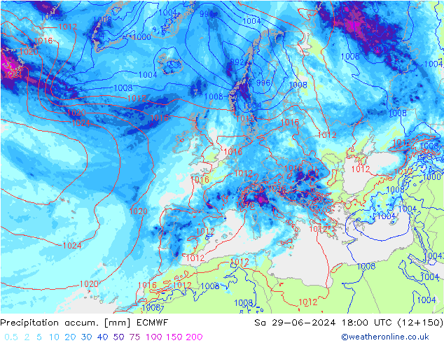 Precipitation accum. ECMWF Sa 29.06.2024 18 UTC