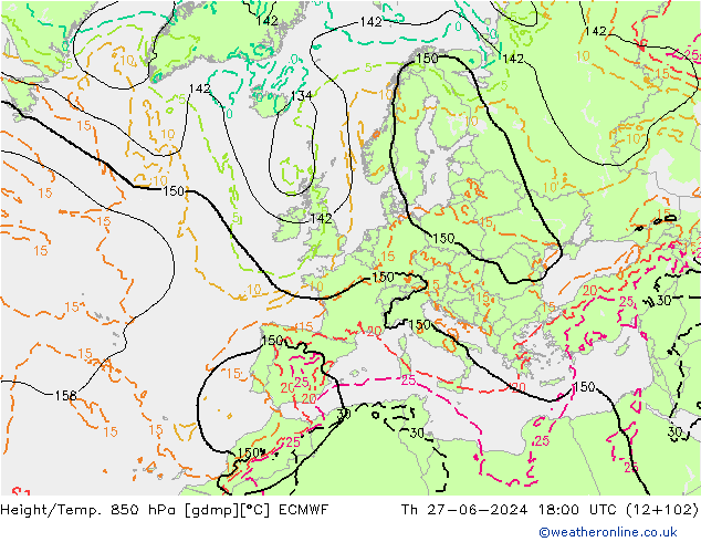 Z500/Rain (+SLP)/Z850 ECMWF Th 27.06.2024 18 UTC