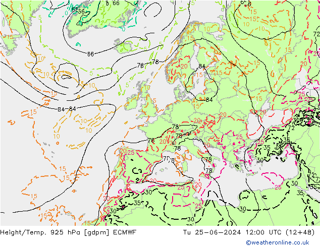 Hoogte/Temp. 925 hPa ECMWF di 25.06.2024 12 UTC