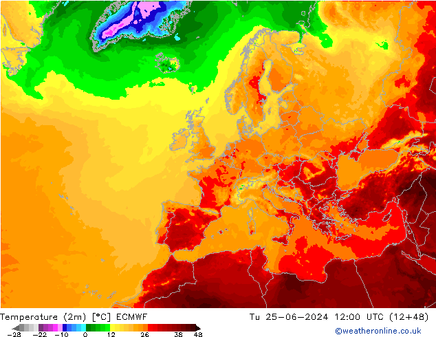 Temperatuurkaart (2m) ECMWF di 25.06.2024 12 UTC