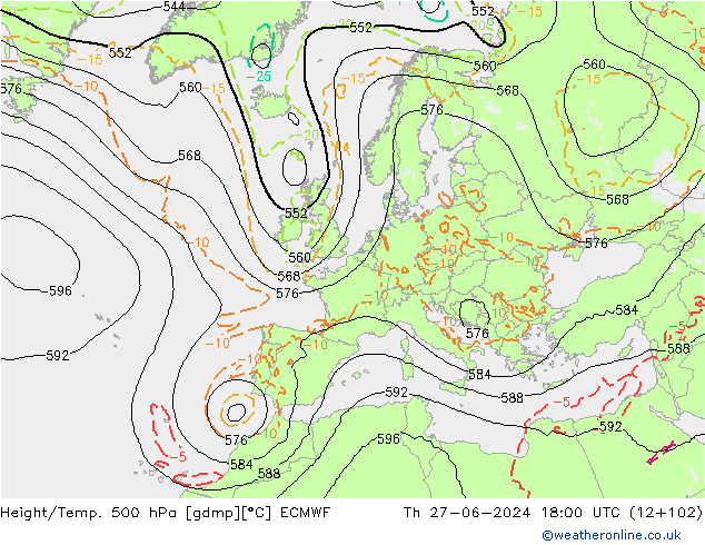 Z500/Rain (+SLP)/Z850 ECMWF Čt 27.06.2024 18 UTC