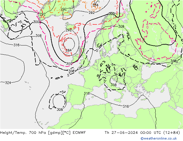 Height/Temp. 700 hPa ECMWF czw. 27.06.2024 00 UTC