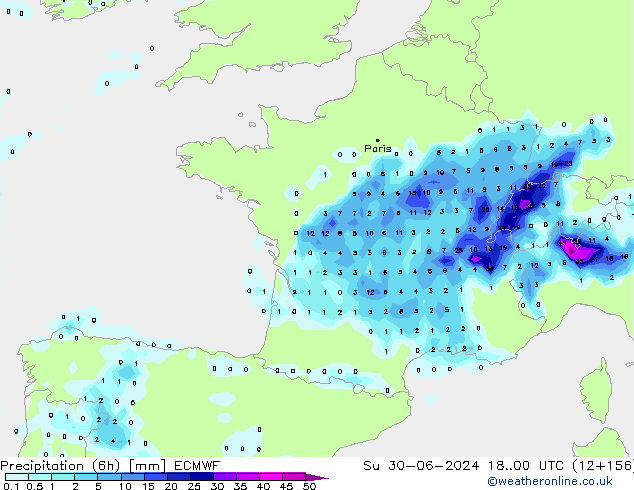 Precipitation (6h) ECMWF Su 30.06.2024 00 UTC