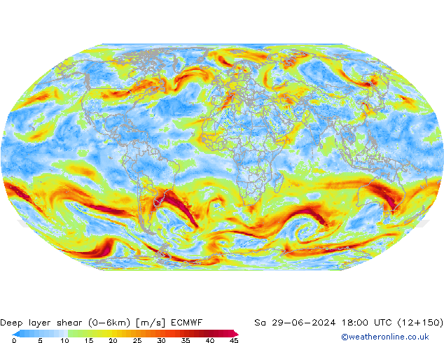 Deep layer shear (0-6km) ECMWF Sa 29.06.2024 18 UTC