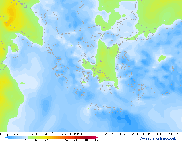 Deep layer shear (0-6km) ECMWF Mo 24.06.2024 15 UTC