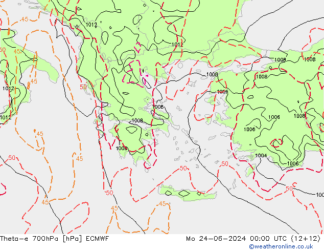 Theta-e 700hPa ECMWF pon. 24.06.2024 00 UTC