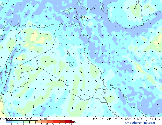 wiatr 10 m (bft) ECMWF pon. 24.06.2024 00 UTC