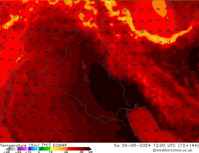 Temperature (2m) ECMWF Sa 29.06.2024 12 UTC