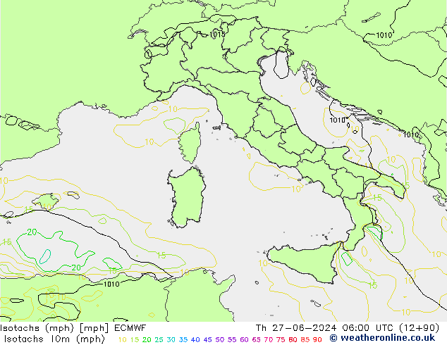 Isotachs (mph) ECMWF Th 27.06.2024 06 UTC