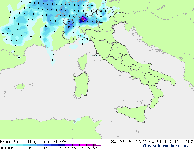 Precipitation (6h) ECMWF Su 30.06.2024 06 UTC