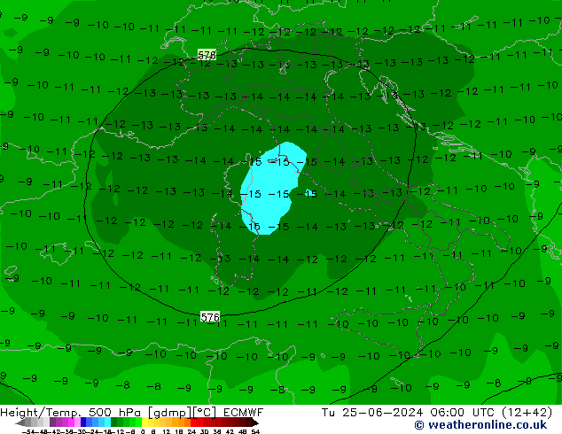 Z500/Rain (+SLP)/Z850 ECMWF Út 25.06.2024 06 UTC