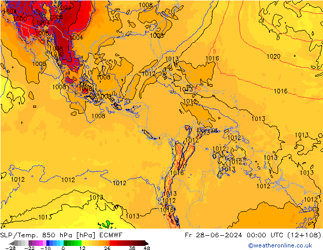 SLP/Temp. 850 гПа ECMWF пт 28.06.2024 00 UTC