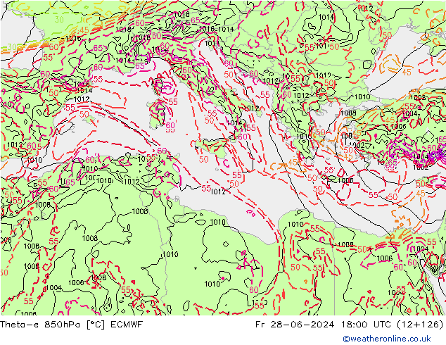 Theta-e 850hPa ECMWF Cu 28.06.2024 18 UTC