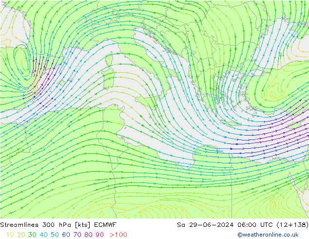 Stroomlijn 300 hPa ECMWF za 29.06.2024 06 UTC