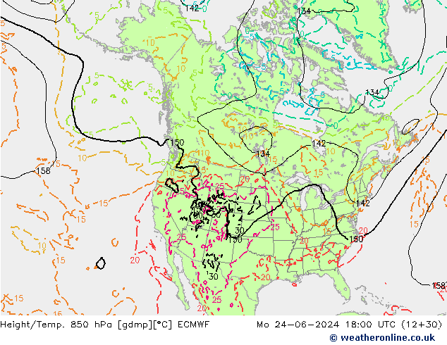 Height/Temp. 850 hPa ECMWF Po 24.06.2024 18 UTC