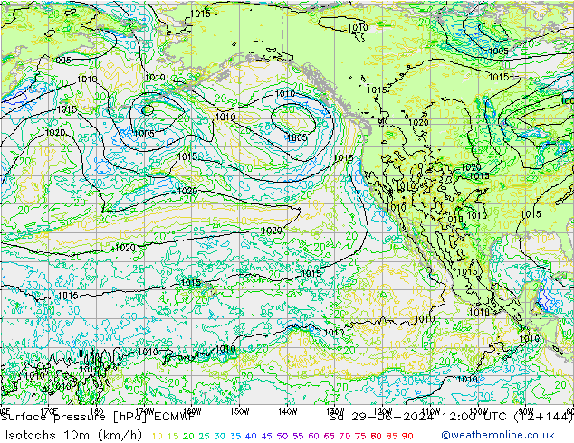 Isotachs (kph) ECMWF sab 29.06.2024 12 UTC