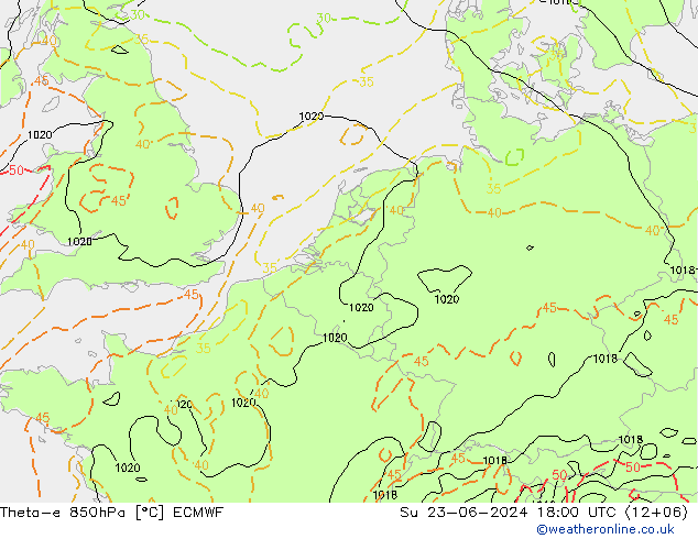 Theta-e 850hPa ECMWF So 23.06.2024 18 UTC