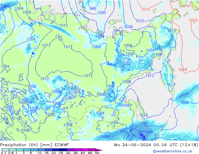 Precipitation (6h) ECMWF Mo 24.06.2024 06 UTC