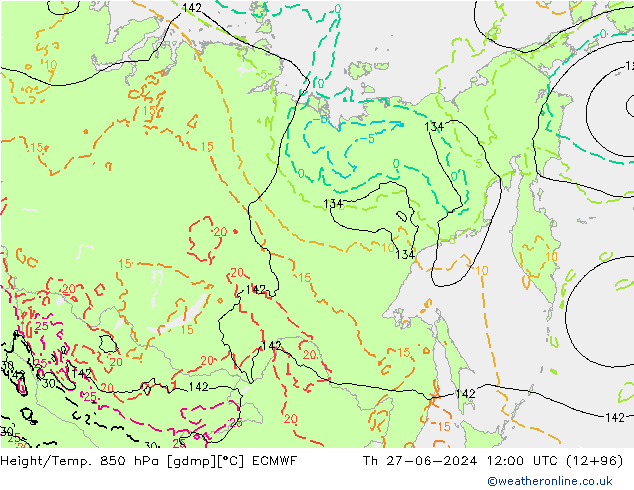Z500/Rain (+SLP)/Z850 ECMWF Th 27.06.2024 12 UTC
