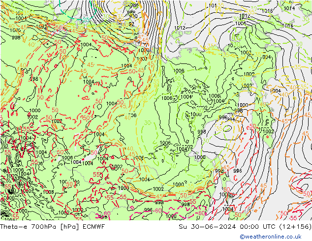 Theta-e 700hPa ECMWF nie. 30.06.2024 00 UTC