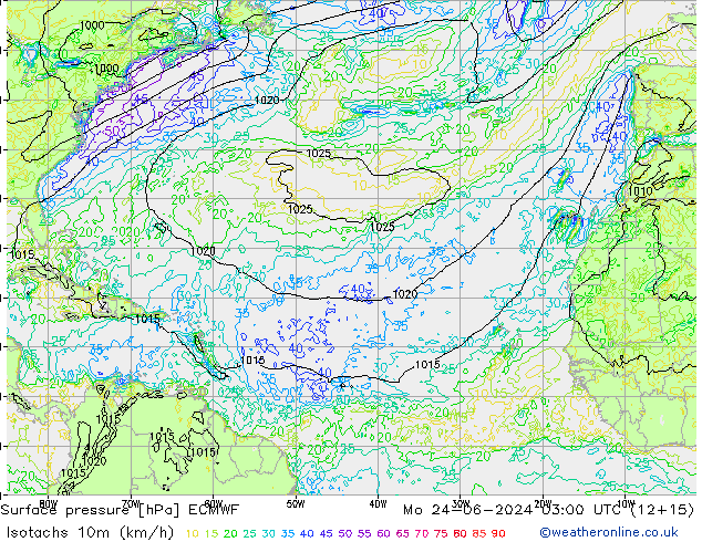 Izotacha (km/godz) ECMWF pon. 24.06.2024 03 UTC