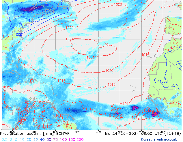 Precipitation accum. ECMWF pon. 24.06.2024 06 UTC