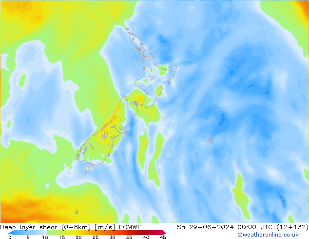 Deep layer shear (0-6km) ECMWF So 29.06.2024 00 UTC