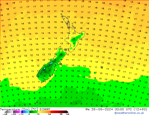 Temperatuurkaart (2m) ECMWF wo 26.06.2024 00 UTC