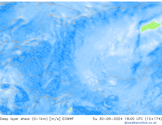 Deep layer shear (0-1km) ECMWF Su 30.06.2024 18 UTC