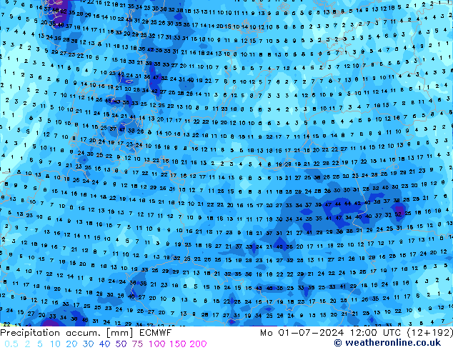 Precipitation accum. ECMWF Mo 01.07.2024 12 UTC