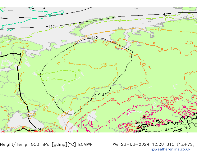 Geop./Temp. 850 hPa ECMWF mié 26.06.2024 12 UTC