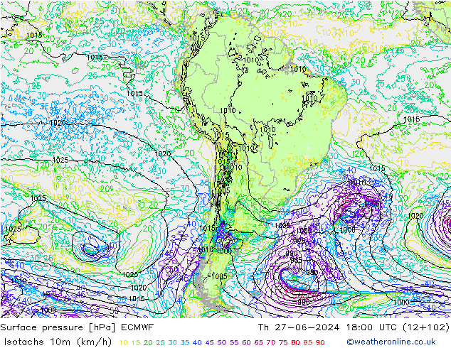 Isotaca (kph) ECMWF jue 27.06.2024 18 UTC