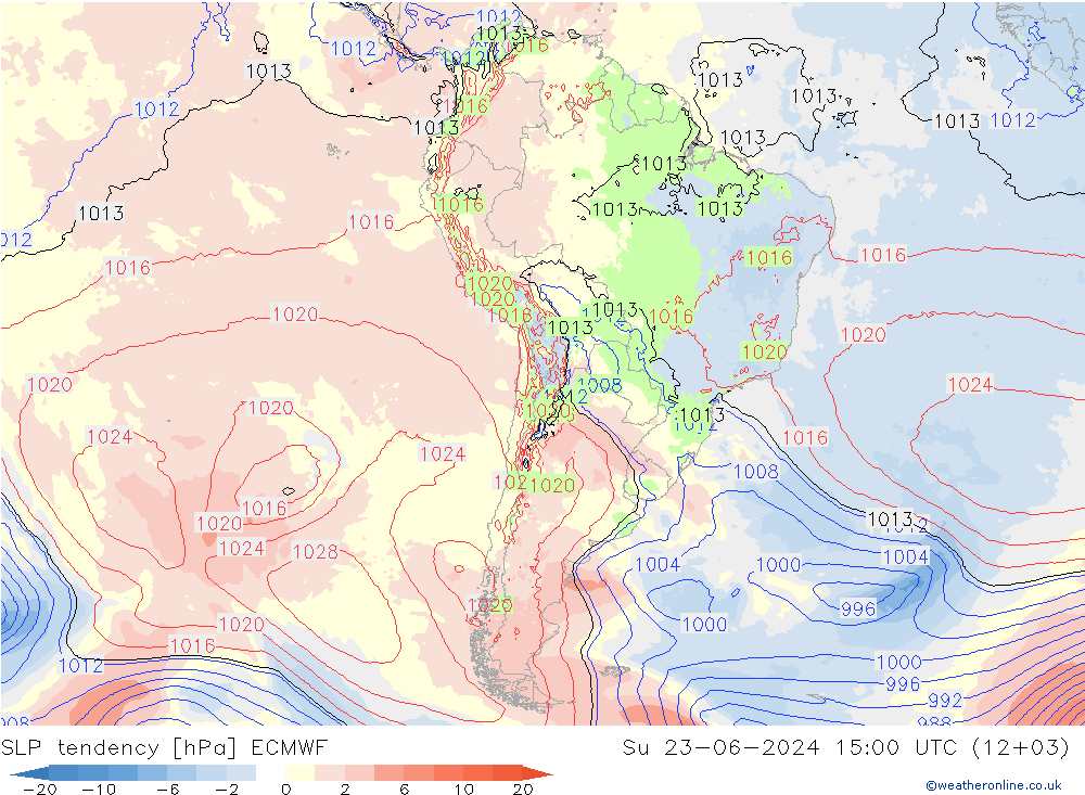 Druktendens (+/-) ECMWF zo 23.06.2024 15 UTC