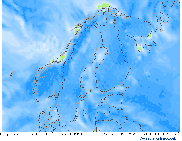 Deep layer shear (0-1km) ECMWF dom 23.06.2024 15 UTC