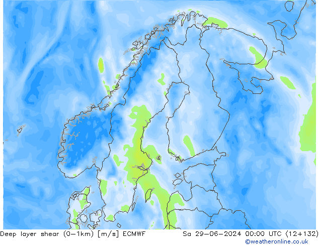 Deep layer shear (0-1km) ECMWF So 29.06.2024 00 UTC