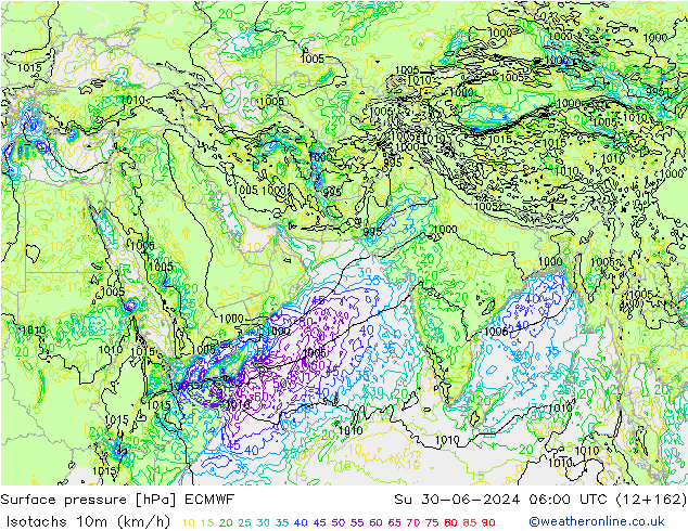 Eşrüzgar Hızları (km/sa) ECMWF Paz 30.06.2024 06 UTC