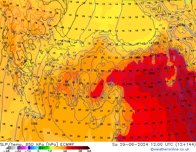 SLP/Temp. 850 hPa ECMWF so. 29.06.2024 12 UTC