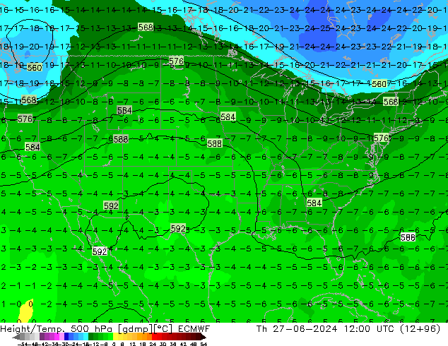 Height/Temp. 500 hPa ECMWF Qui 27.06.2024 12 UTC